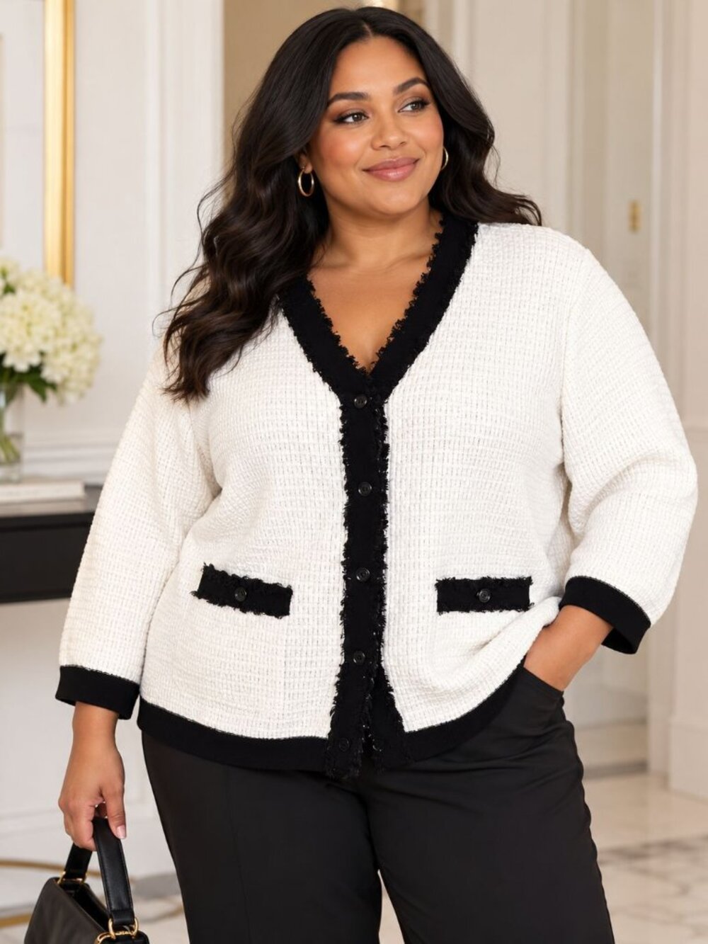 Adrianna Papell Plus Size Tweed Cardigan Black White 1X Old Money